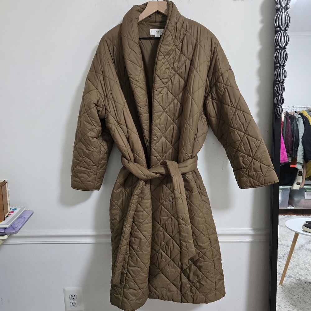 Mango brown quilted belted long coat size M - Picture 9 of 12